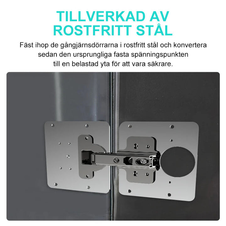 "Elegant rostfri sidoplåt för gångjärnsreparation på skåp, förbättrar stabilitet och utseende i köksinredning."