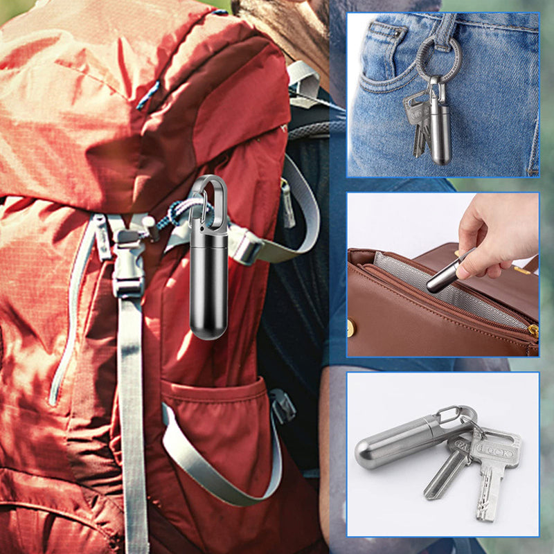 "Elegant rostfri vattentät pillbox för dagligt bruk, kompakt design som passar på en nyckelring med portabel funktion."