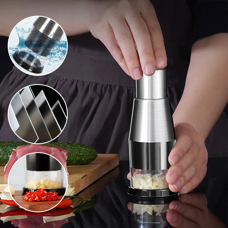 "Elegant rostfri vitlökshackare, perfekt för snabb och enkel matlagning i köket. Slät finish, hållbar design."