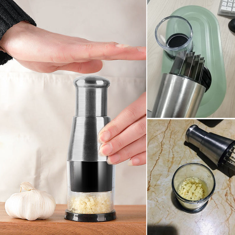 "Elegant rostfri vitlökshackare, perfekt för snabb och enkel matlagning i köket. Slät finish, hållbar design."