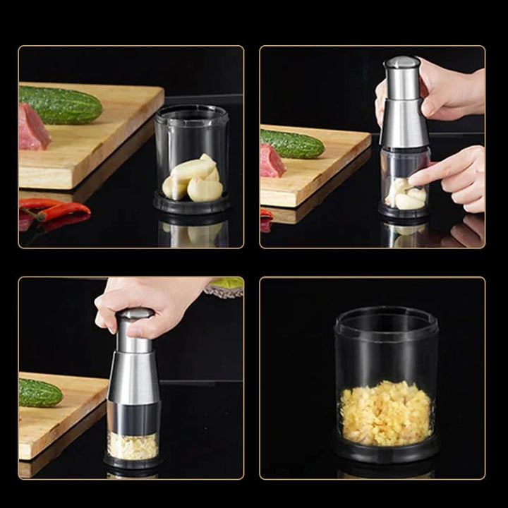 "Elegant rostfri vitlökshackare, perfekt för snabb och enkel matlagning i köket. Slät finish, hållbar design."