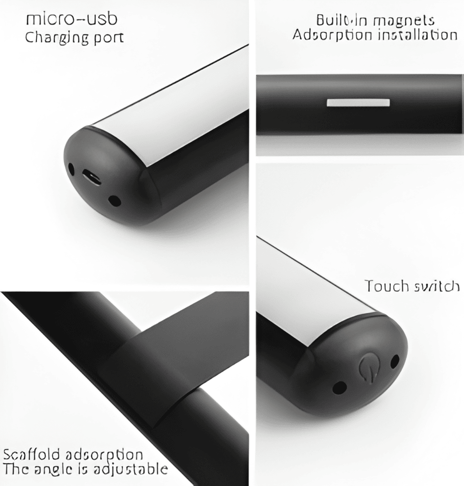 "Elegant roterbar LED-vägglampa med kabelfri installation, magnetisk bas och USB-C anslutning i svart, vit eller guld."