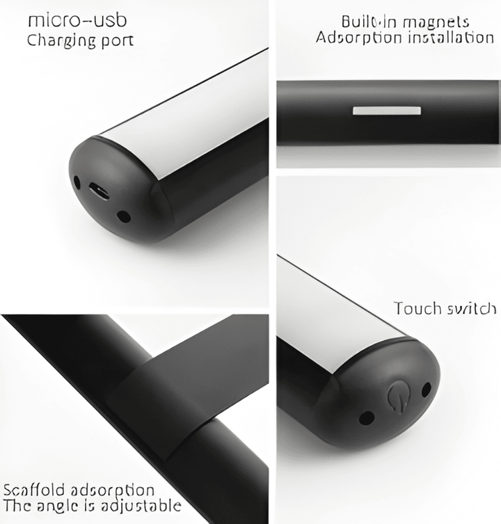 "Elegant roterbar LED-vägglampa med kabelfri installation, magnetisk bas och USB-C anslutning i svart, vit eller guld."