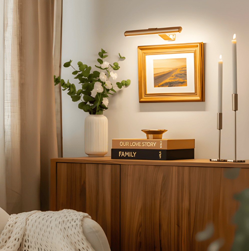 "Elegant roterbar LED-vägglampa med kabelfri installation, magnetisk bas och USB-C anslutning i svart, vit eller guld."