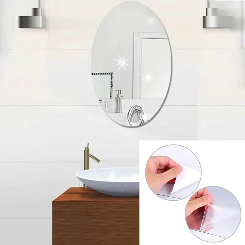 Elegant självhäftande väggspegel i akryl, oval eller rund, för modern heminredning. Perfekt för att ljusa upp rummet.