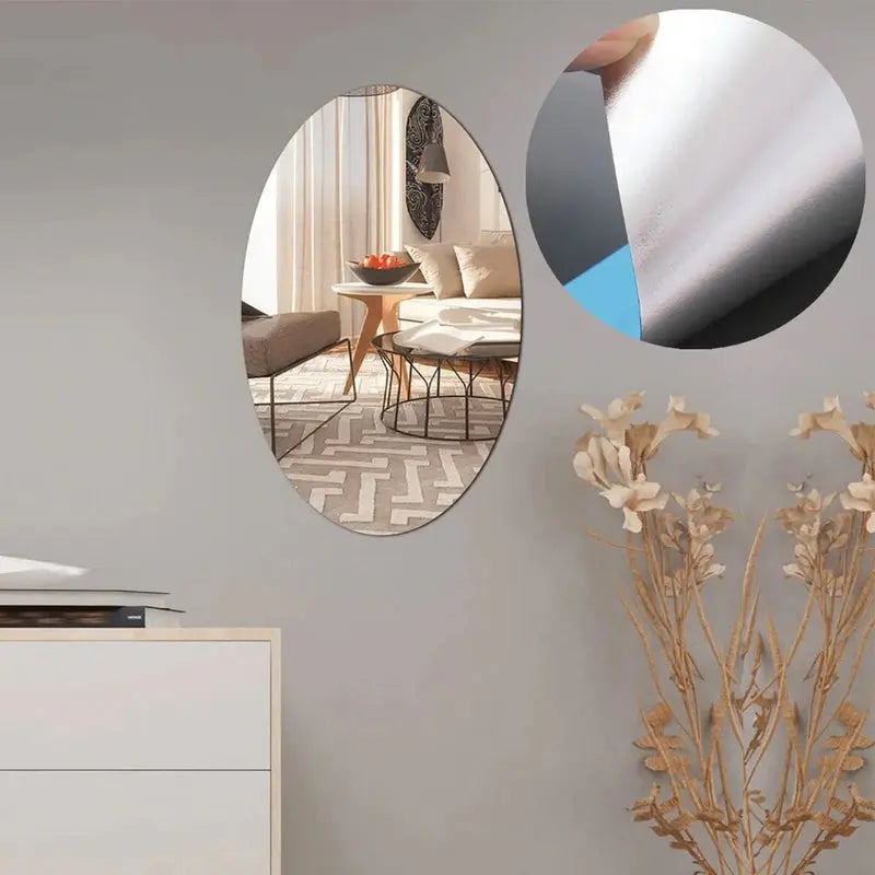 Elegant självhäftande väggspegel i akryl, oval eller rund, för modern heminredning. Perfekt för att ljusa upp rummet.