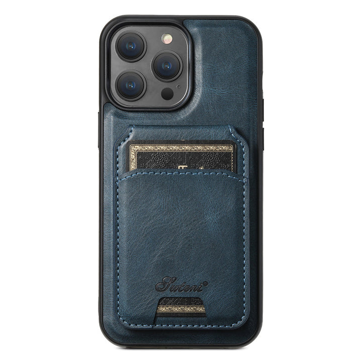 "Elegant smartphonefodral i svart PU-läder med integrerad korthållare och magnetiskt stativ för praktiskt användande."