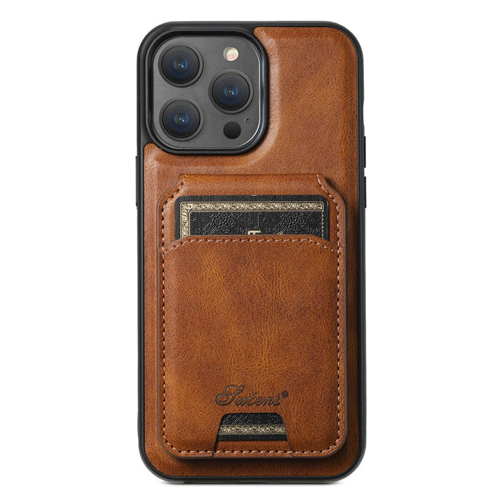 "Elegant smartphonefodral i svart PU-läder med integrerad korthållare och magnetiskt stativ för praktiskt användande."