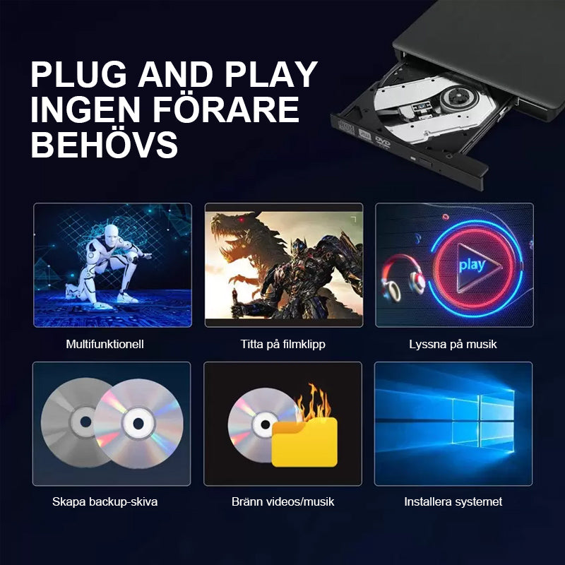 "Elegant svart/vit bärbar extern USB CD/DVD-enhet idealisk för resa, med kompakt design, passar i datorväska."