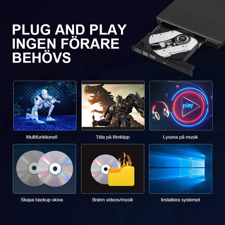 "Elegant svart/vit bärbar extern USB CD/DVD-enhet idealisk för resa, med kompakt design, passar i datorväska."