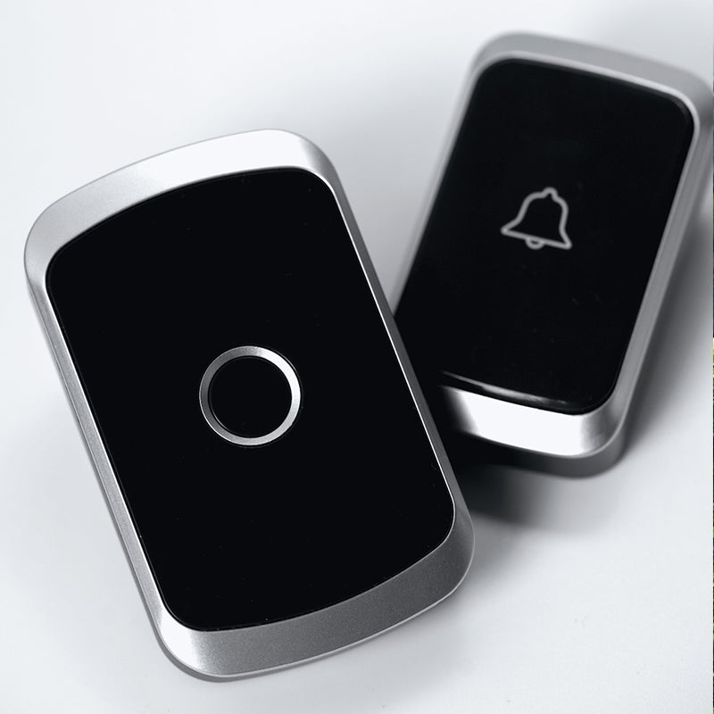 "Elegant trådlös dörrklocka i svart, guld, silver med volymkontroll. Modern design, 300m räckvidd, 36 toner."