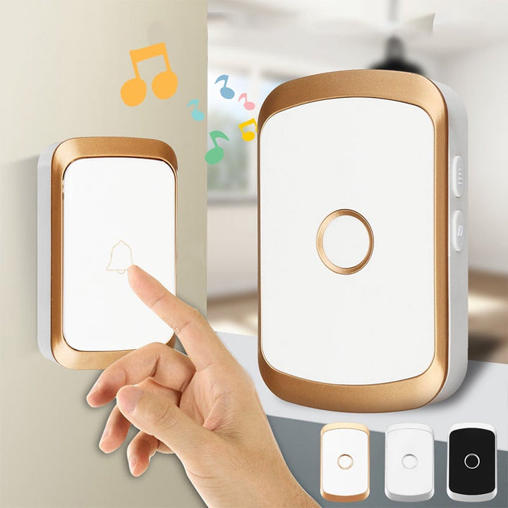 "Elegant trådlös dörrklocka i svart, guld, silver med volymkontroll. Modern design, 300m räckvidd, 36 toner."