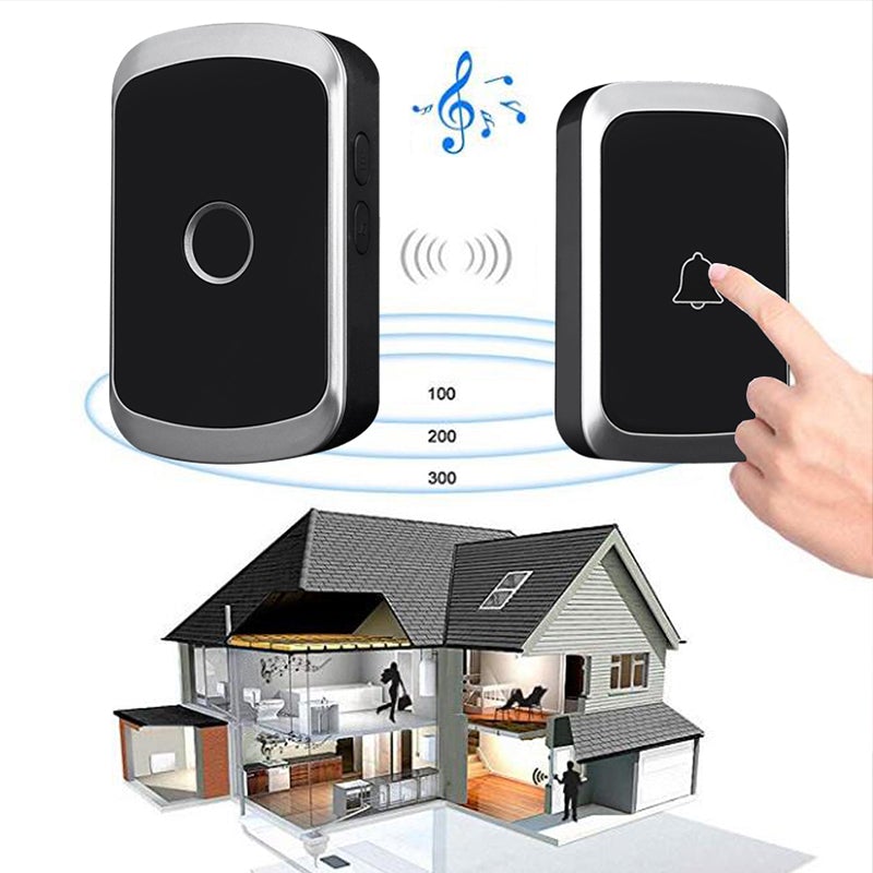 "Elegant trådlös dörrklocka i svart, guld, silver med volymkontroll. Modern design, 300m räckvidd, 36 toner."