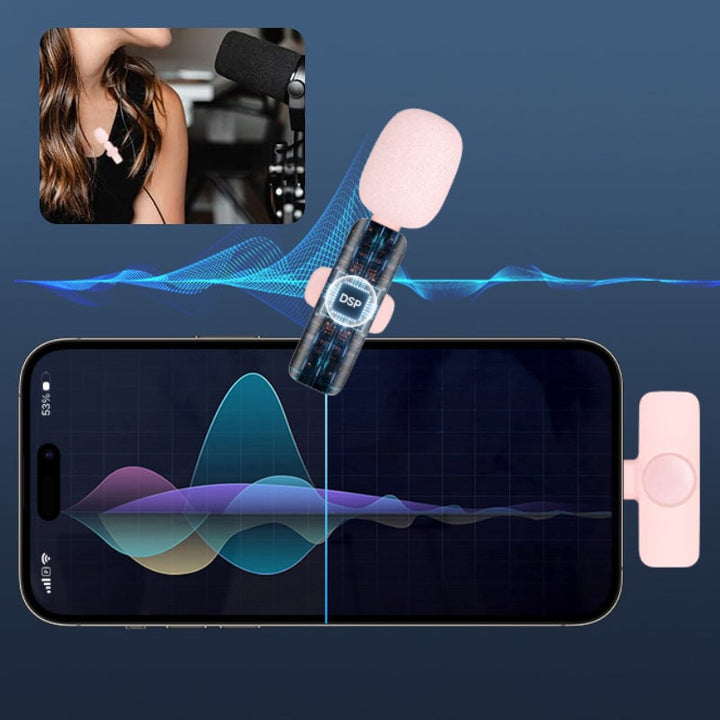 "Elegant trådlös lavaliermikrofon i rosa för mobil, erbjuder kristallklart ljud och omvänd ljudupptagning för kreativt skapan