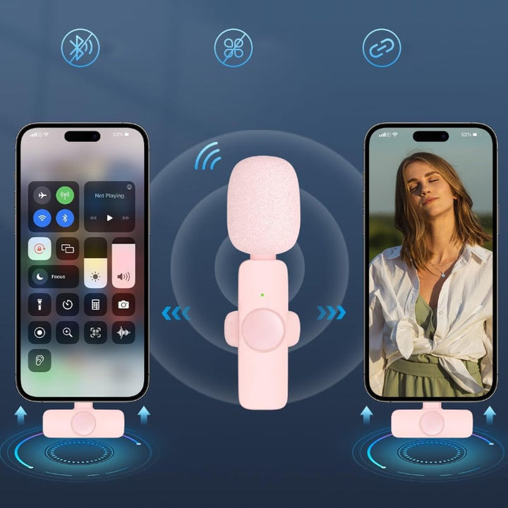 "Elegant trådlös lavaliermikrofon i rosa för mobil, erbjuder kristallklart ljud och omvänd ljudupptagning för kreativt skapan