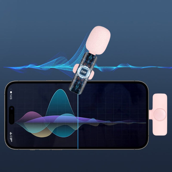 "Elegant trådlös lavaliermikrofon i rosa för mobil, erbjuder kristallklart ljud och omvänd ljudupptagning för kreativt skapan