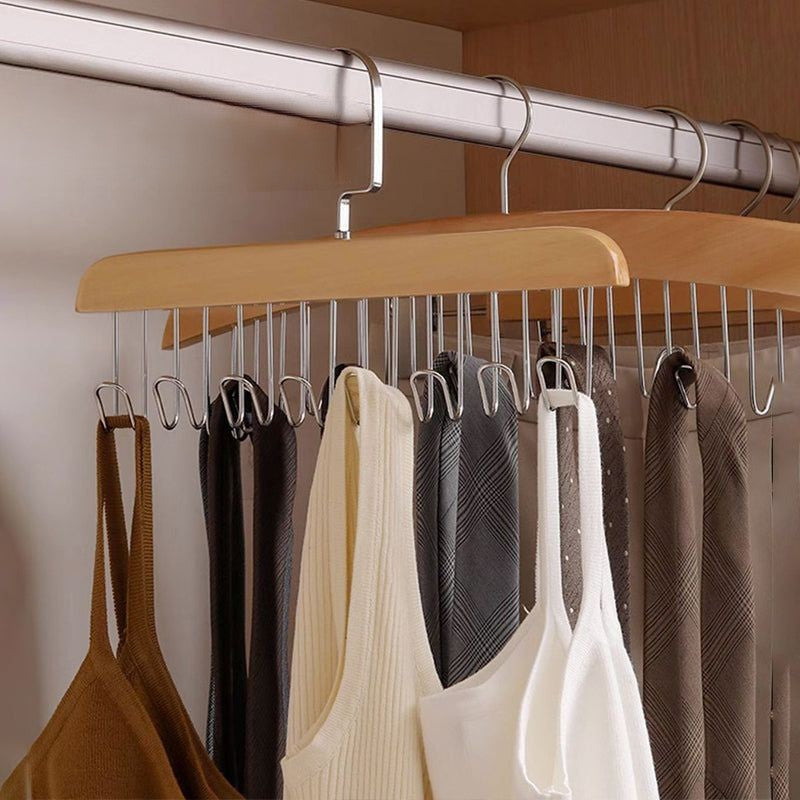 "Elegant träklädhängare med 360° rotation, anti-slip design och 8 krokar, perfekt för organiserad garderob."