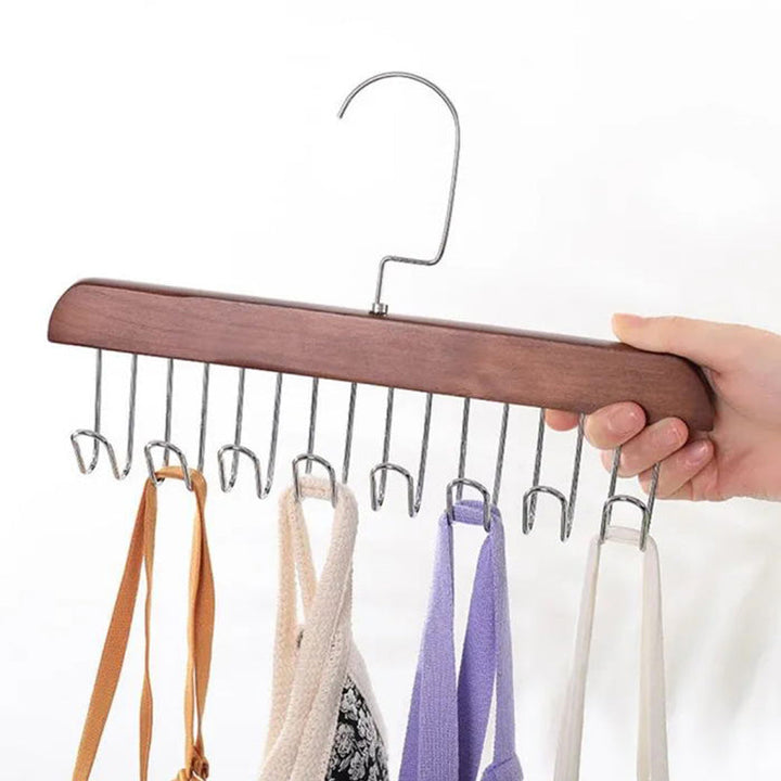 "Elegant träklädhängare med 360° rotation, anti-slip design och 8 krokar, perfekt för organiserad garderob."
