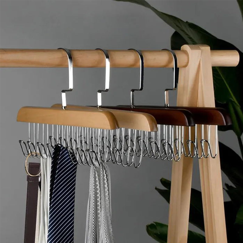 "Elegant träklädhängare med 360° rotation, anti-slip design och 8 krokar, perfekt för organiserad garderob."