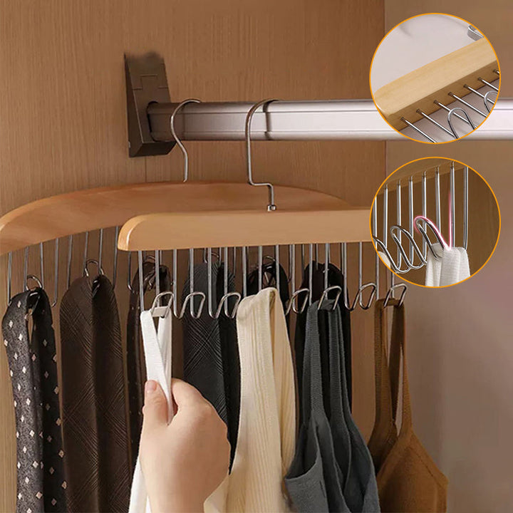 "Elegant träklädhängare med 360° rotation, anti-slip design och 8 krokar, perfekt för organiserad garderob."