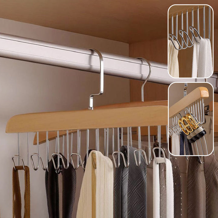 "Elegant träklädhängare med 360° rotation, anti-slip design och 8 krokar, perfekt för organiserad garderob."