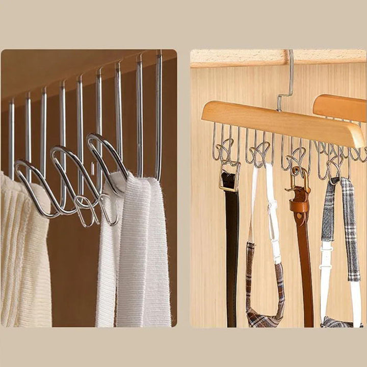 "Elegant träklädhängare med 360° rotation, anti-slip design och 8 krokar, perfekt för organiserad garderob."