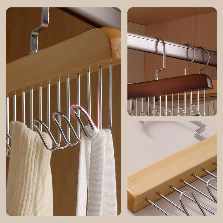 "Elegant träklädhängare med 360° rotation, anti-slip design och 8 krokar, perfekt för organiserad garderob."
