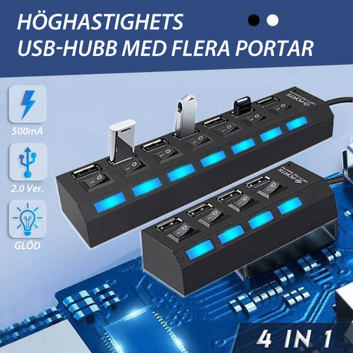 "Elegant USB-hub med 4 höghastighetsportar och individuella omkopplare, kompakt design och lysdiodindikatorer"