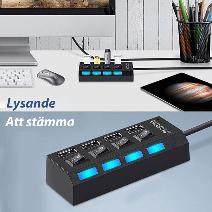 "Elegant USB-hub med 4 höghastighetsportar och individuella omkopplare, kompakt design och lysdiodindikatorer"