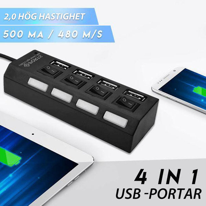 "Elegant USB-hub med 4 höghastighetsportar och individuella omkopplare, kompakt design och lysdiodindikatorer"