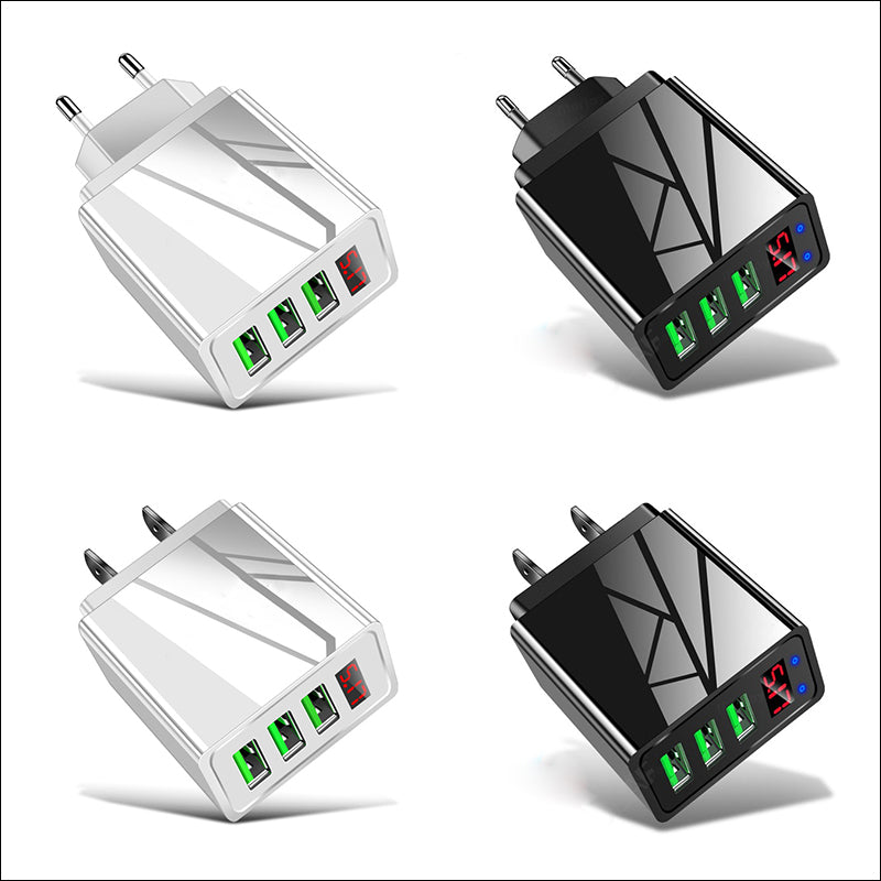 "Elegant USB-laddare med digital display framifrån, tre portar för snabb och effektiv laddning av flera enheter."