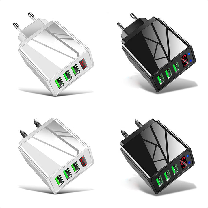 "Elegant USB-laddare med digital display framifrån, tre portar för snabb och effektiv laddning av flera enheter."