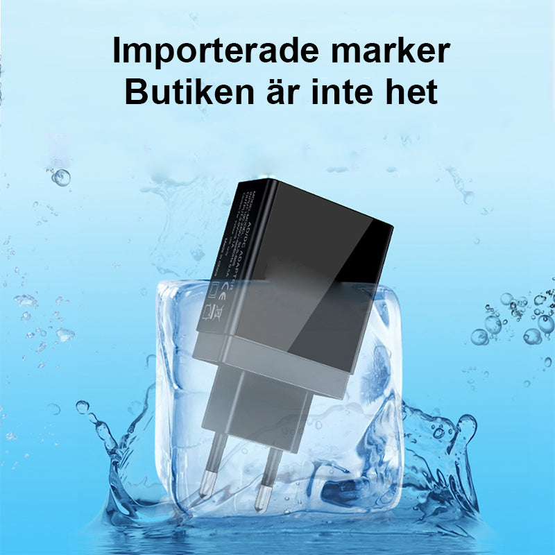 "Elegant USB-laddare med digital display framifrån, tre portar för snabb och effektiv laddning av flera enheter."