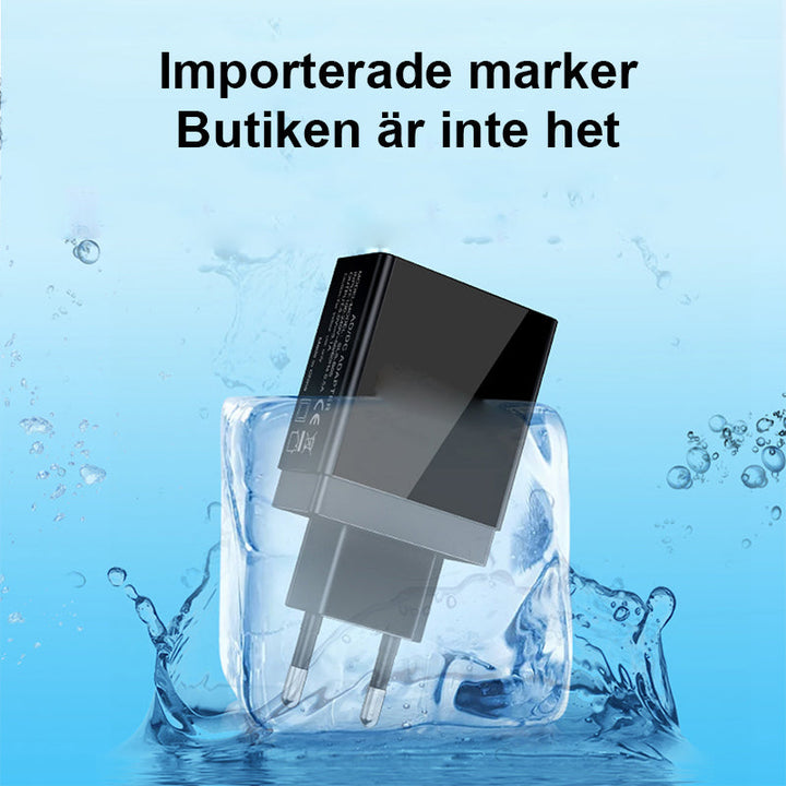 "Elegant USB-laddare med digital display framifrån, tre portar för snabb och effektiv laddning av flera enheter."