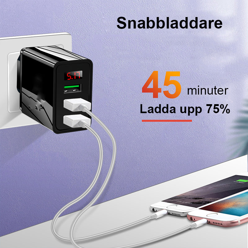"Elegant USB-laddare med digital display framifrån, tre portar för snabb och effektiv laddning av flera enheter."