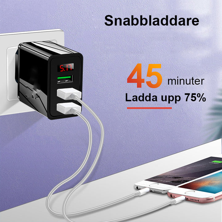 "Elegant USB-laddare med digital display framifrån, tre portar för snabb och effektiv laddning av flera enheter."
