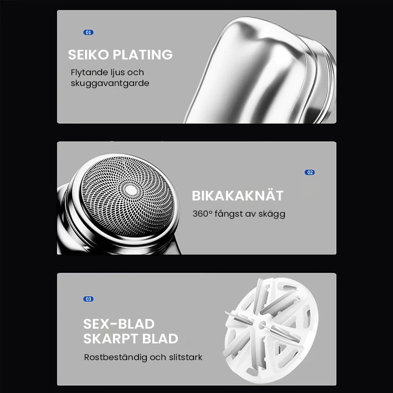 "Elegant USB mini rakapparat för snabb, bekväm rakning. Kompakt, bärbar och perfekt för både våt och torr användning."