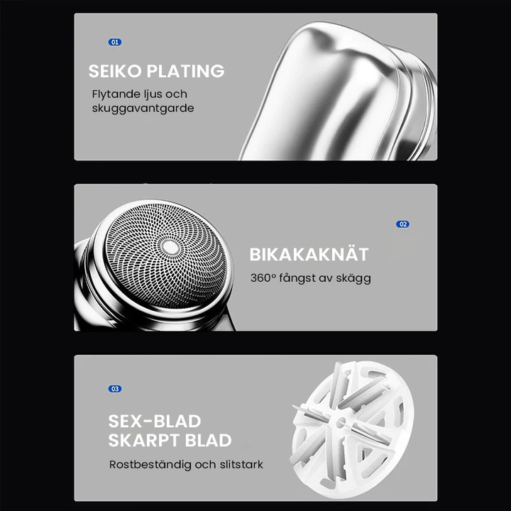 "Elegant USB mini rakapparat för snabb, bekväm rakning. Kompakt, bärbar och perfekt för både våt och torr användning."