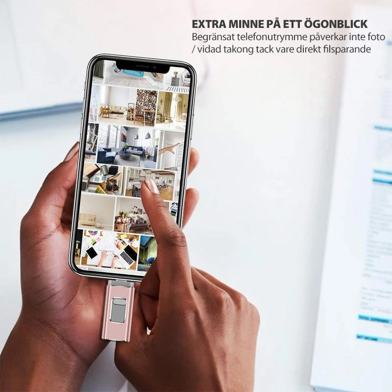 "Elegant USB-minne, kompatibelt med iPhone, iPad, Android. Snabb överföring via USB 3.0, flera färger och storlekar."