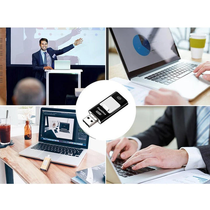 "Elegant USB-minne, kompatibelt med iPhone, iPad, Android. Snabb överföring via USB 3.0, flera färger och storlekar."