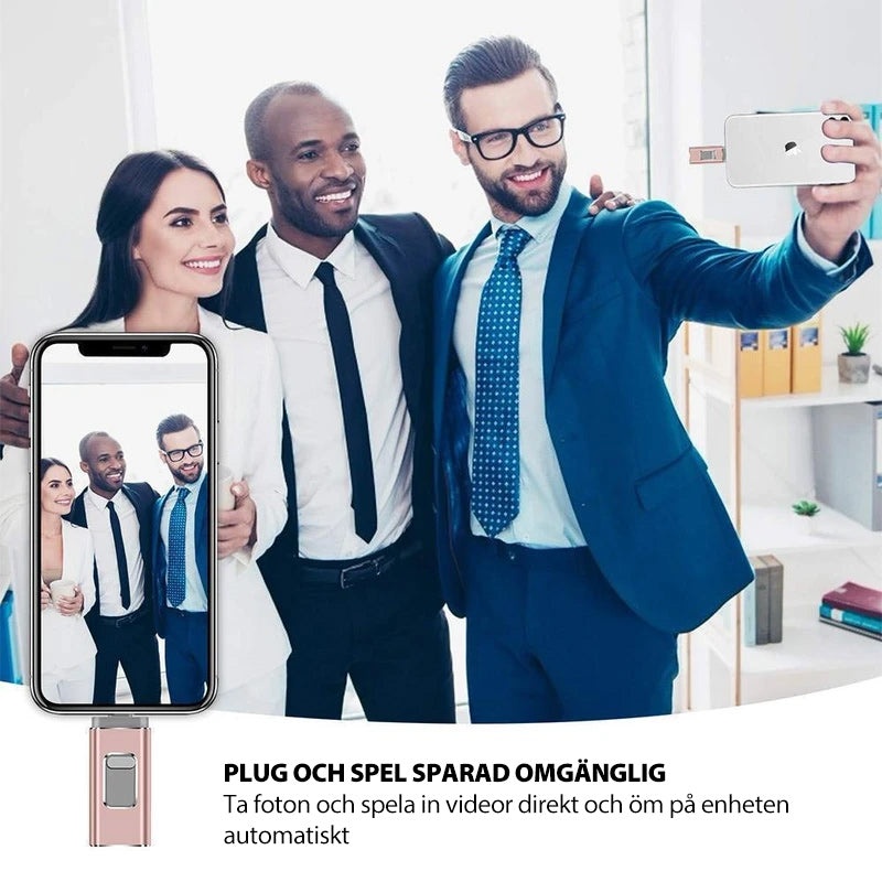 "Elegant USB-minne, kompatibelt med iPhone, iPad, Android. Snabb överföring via USB 3.0, flera färger och storlekar."