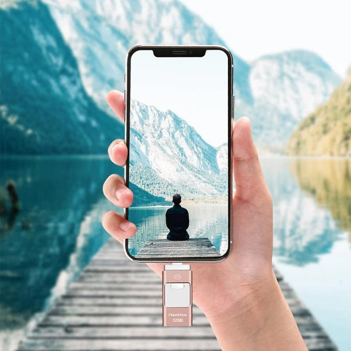 "Elegant USB-minne, kompatibelt med iPhone, iPad, Android. Snabb överföring via USB 3.0, flera färger och storlekar."