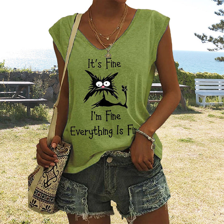 "Elegant V-ringad dam T-shirt med kattmönster, kortärmad, löst sittande för en avslappnad och lekfull stil."