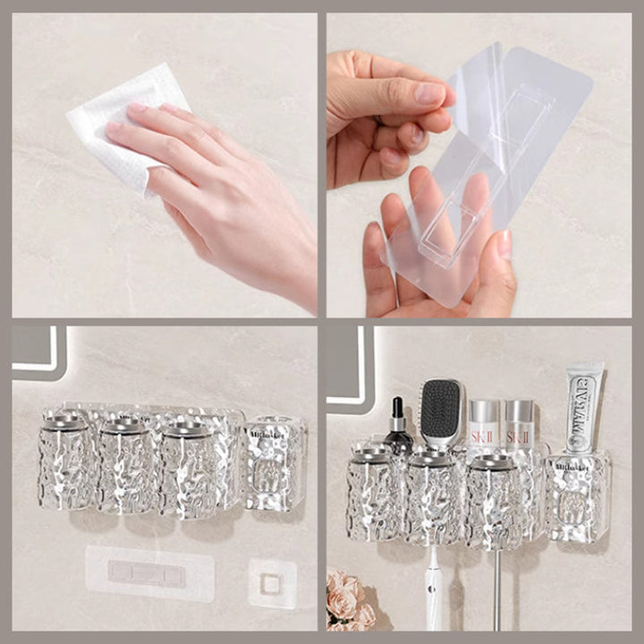 "Elegant väggmonterad tandborsthållare med munsköljkopp i silver/grå, sparar plats och håller badrummet organiserat."