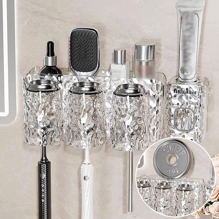 "Elegant väggmonterad tandborsthållare med munsköljkopp i silver/grå, sparar plats och håller badrummet organiserat."