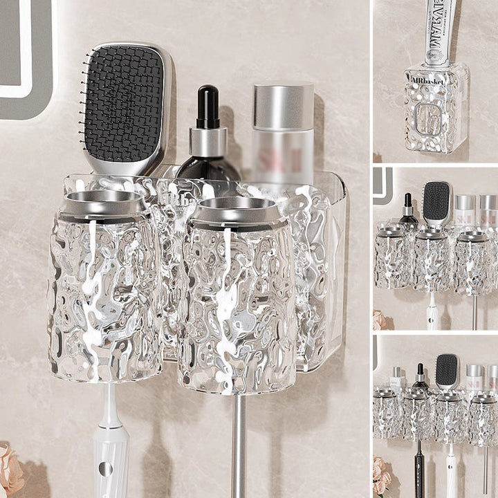 "Elegant väggmonterad tandborsthållare med munsköljkopp i silver/grå, sparar plats och håller badrummet organiserat."