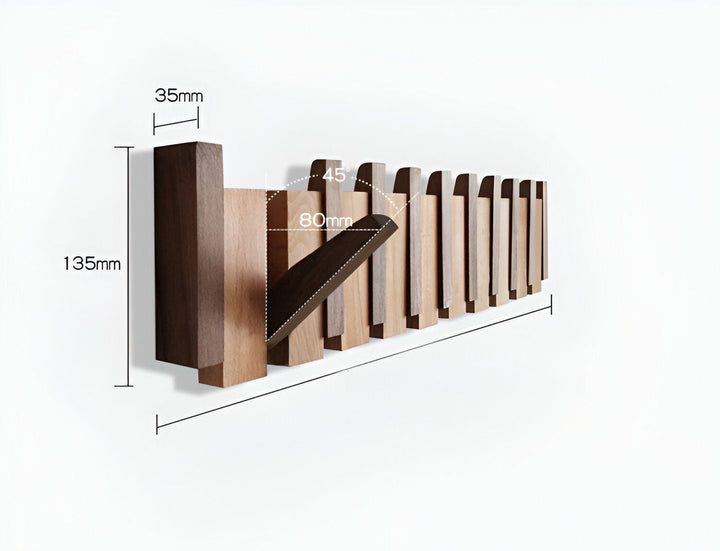 "Elegant väggorganisatör i bokträ och valnöt med magnetiska krokar och pianotangentdesign. Optimera och stilrent för hemmet."