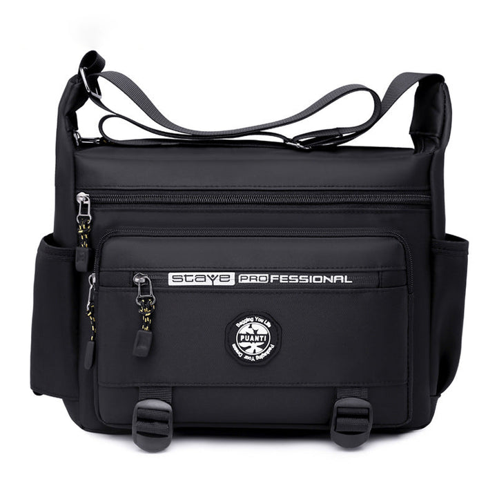 "Elegant, vattentät axelväska för män i slitstark oxfordduk, med flera fickor, perfekt för dagligt bruk och resor."