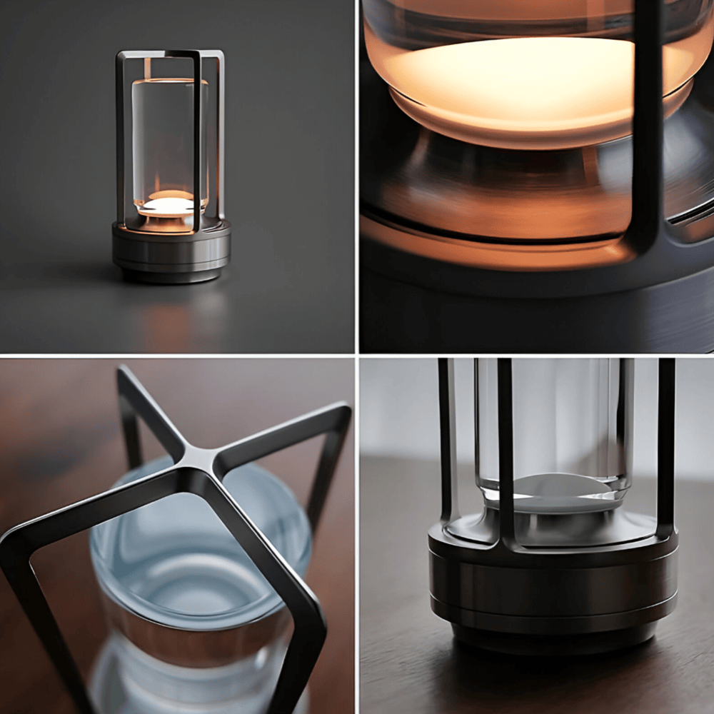 "Elegant vattentät bordslampa i metall med modern design, bärbar och dimbar, idealisk för inomhus- och utomhusbruk."