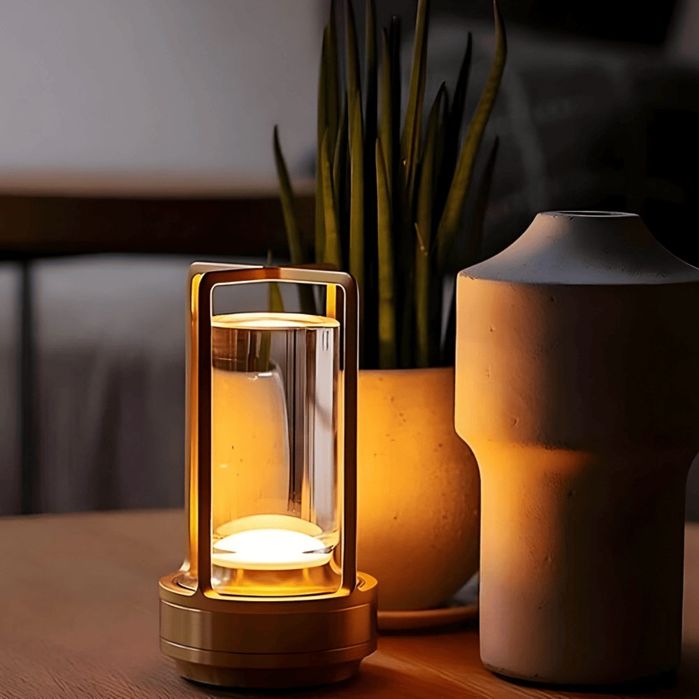 "Elegant vattentät bordslampa i metall med modern design, bärbar och dimbar, idealisk för inomhus- och utomhusbruk."